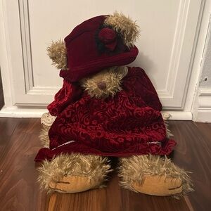 RUSS Alexandra decorative bear with burgundy velvet dress and hat!